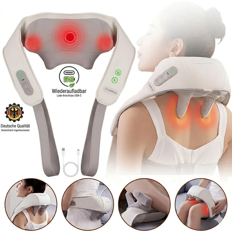 Masajeador de cuello Shiatsu Aspria con calor: masajeador eléctrico para hombros y espalda, masajeador de espalda inalámbrico con batería recargable, masaje de cuello Shiatsu para relajación, para mujeres y hombres.