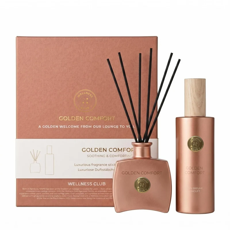Set de regalo Wellness Club GOLDEN COMFORT Vainilla, difusor de 100 ml y ambientador en spray de 200 ml.