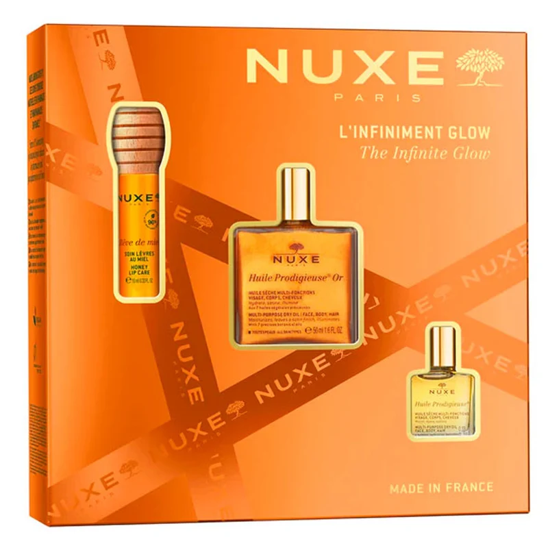 Nuxe L'Infiniment Glow Huile Or 50 ml + Huile Prodigeuse 15 ml+ Labial Miel 10 ml Pack