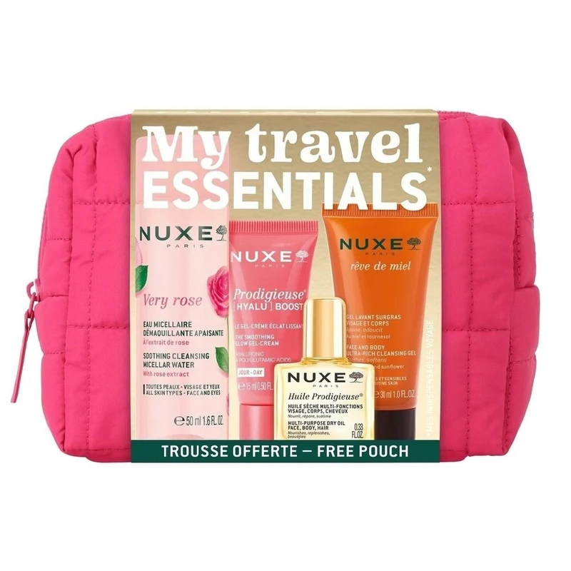 Nuxe Kit My Travel Essentials: Agua Micelar 50 ml + Gel-Crema 15 ml + Aceite 10 ml + Gel Ducha 30 ml Pack