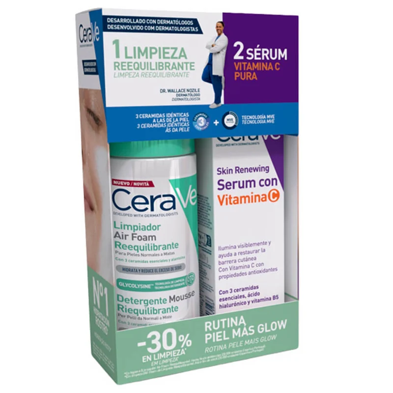 Cerave Limpiador Reequilibrante Mousse 148 ml + Skin Renewing Serum Con Vitamina C 30 ml Pack