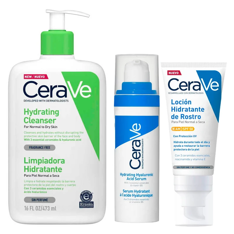 Rutina Cerave Limpiadora Hidratante 473 ml + Cerave Sérum Hidratante Acido Hialuronico 30 ml + Cerave Loción Hidratante Spf50 52 ml
