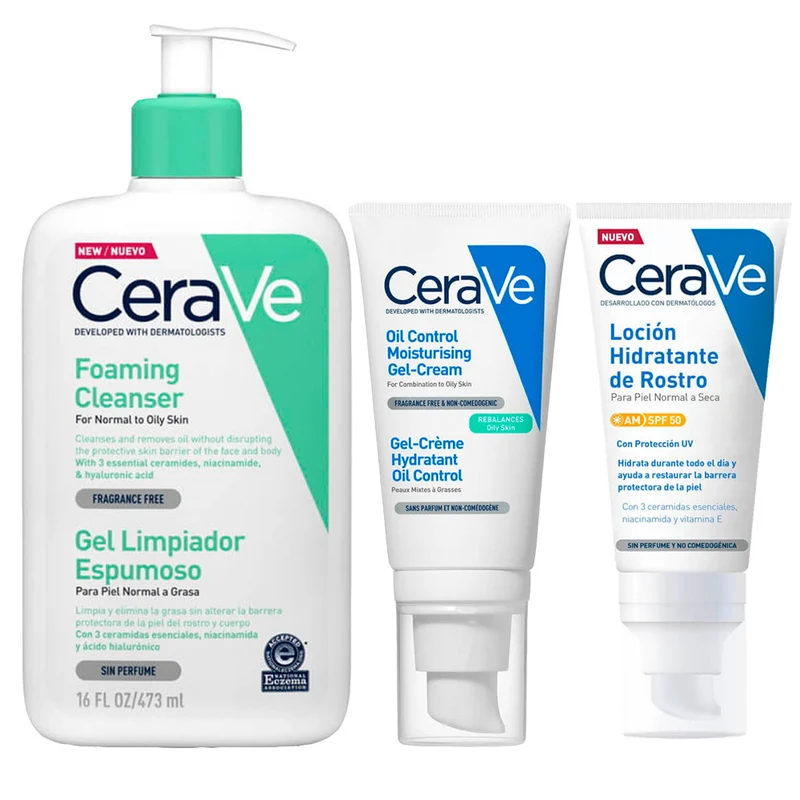 Rutina Cerave Gel Limpiador Espumoso 473 ml + Cerave Gel Crema Hidratante Oíl Control 52 ml + Cerave Loción Hidratante Spf50 52 ml