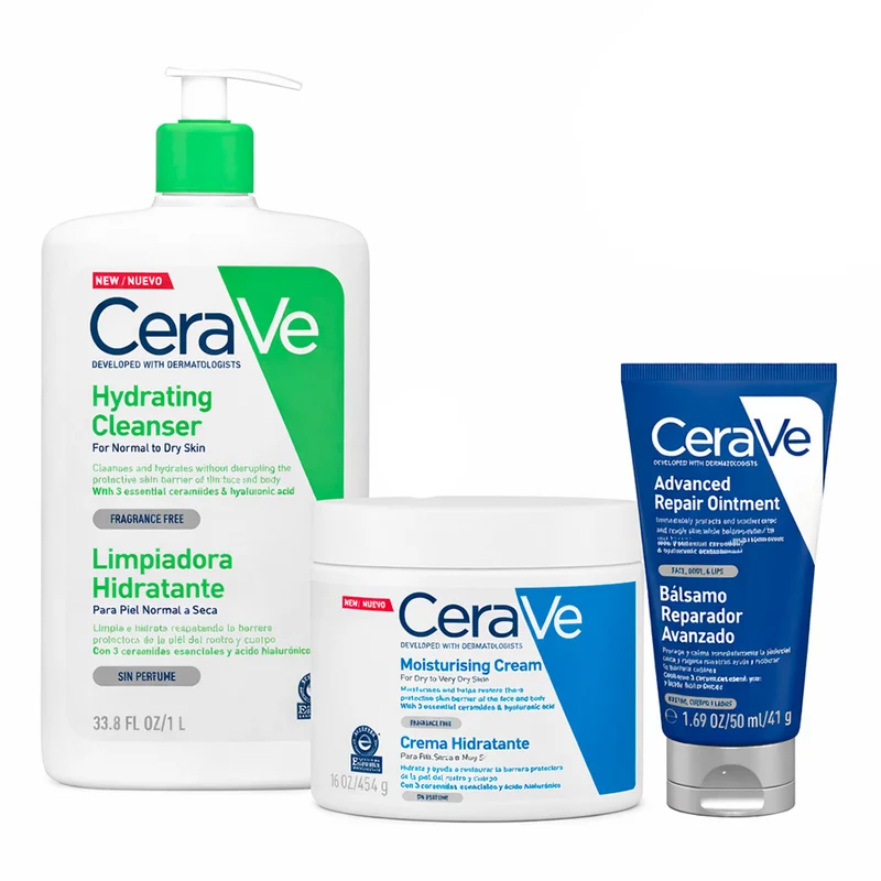 Rutina Cerave Limpiadora Hidratante 1l + Cerave Crema Hidratante Piel Seca 454 gr + Cerave Balsamo Reparador Avanzado 50 ml