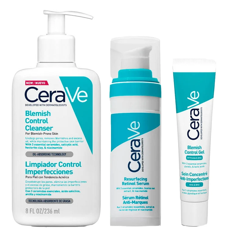 Rutina Cerave Limpiador Control Imperfecciones 236 ml + Cerave Sérum Retinol Anti Marcas 30 ml + Cerave Gel Control Imperfecciones 40 ml