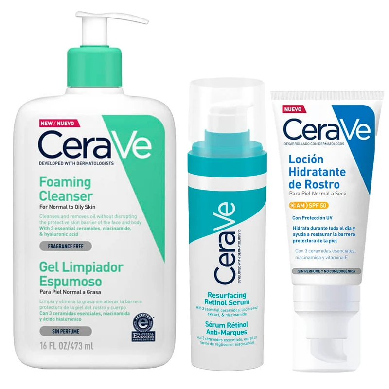 Rutina Cerave Gel Limpiador Espumoso 473 ml + Sérum Retinol Anti Marcas 30 ml + Loción Hidratante Piel N/S Am Spf50 52 ml