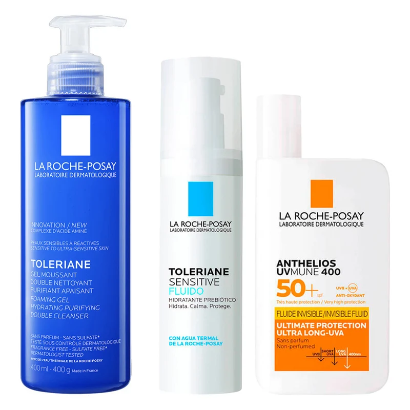 Rutina La Roche Posay Toleriane Crema-Espuma Limpiadora 400 ml + Toleriane Sensitive Fluido 40 ml + Anthelios UV-MUNE 400 Fluido Invisible Spf50+ 50 ml Pack