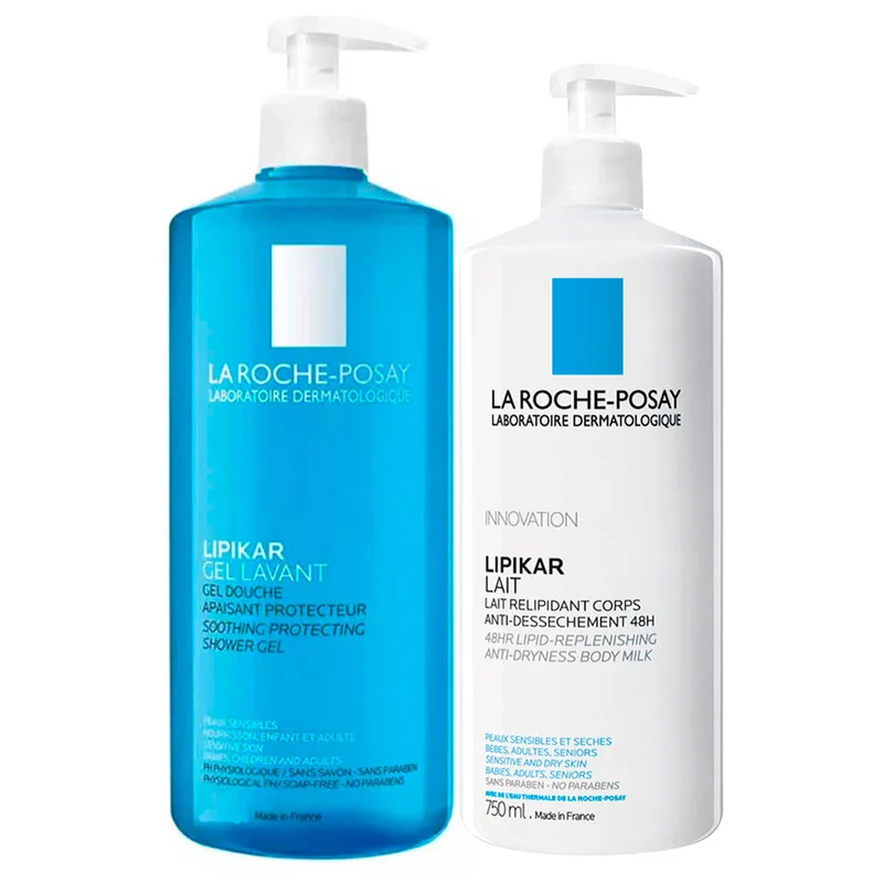 Rutina La Roche Posay Lipikar Gel Lavante 1000 ml Con Dosificador + Lipikar Leche 750 ml Pack