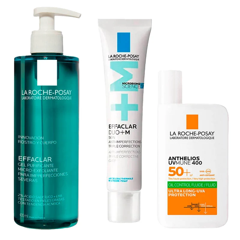 Rutina La Roche Posay Effaclar Gel Micro exfoliante 400 ml + Effaclar Dúo M Crema 40 ml + Anthelios Spf50+ Oíl Control Fluid Uvmune 400 50 ml Pack
