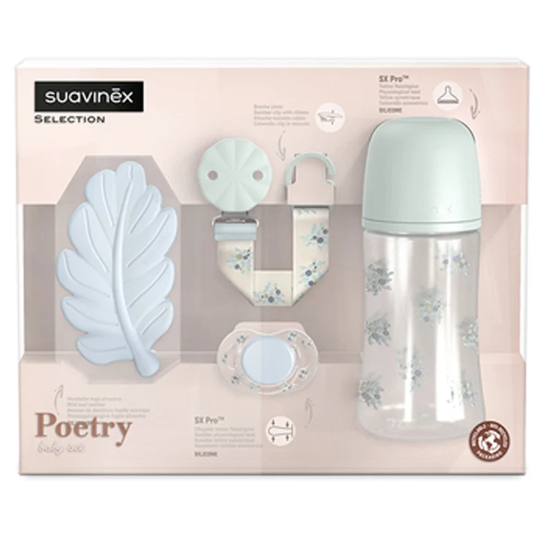 Suavinex Set Regalo Poetry Chupete + Broche + Biberón + Mordedor Hoja Azul 0-6M 219894